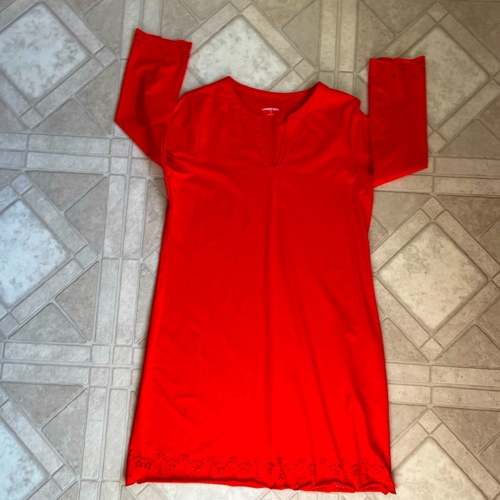 Lands End Orange Dress Swim/Coverup Size Small Shift Cut Out V Neck 3/4 Sleeves